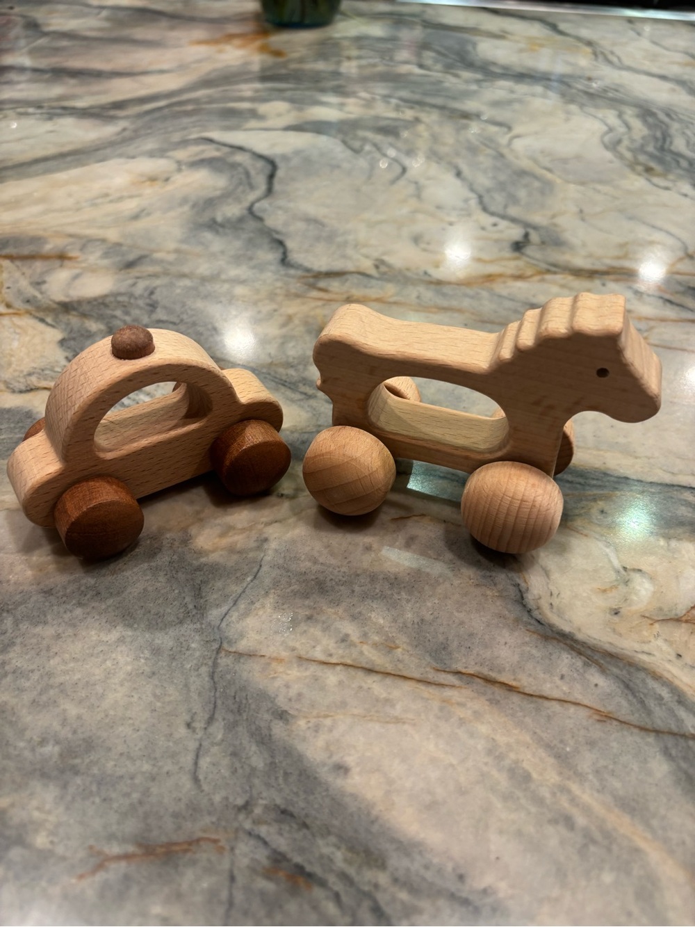 Set of Two Wooden Rattler Car & Horse Toys, Natural Wood